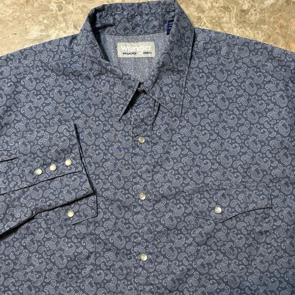 Wrangler Shirt Mens XLT XL Tall Blue Paisley Geometric Pearl Snap Western Rodeo - Picture 1 of 8